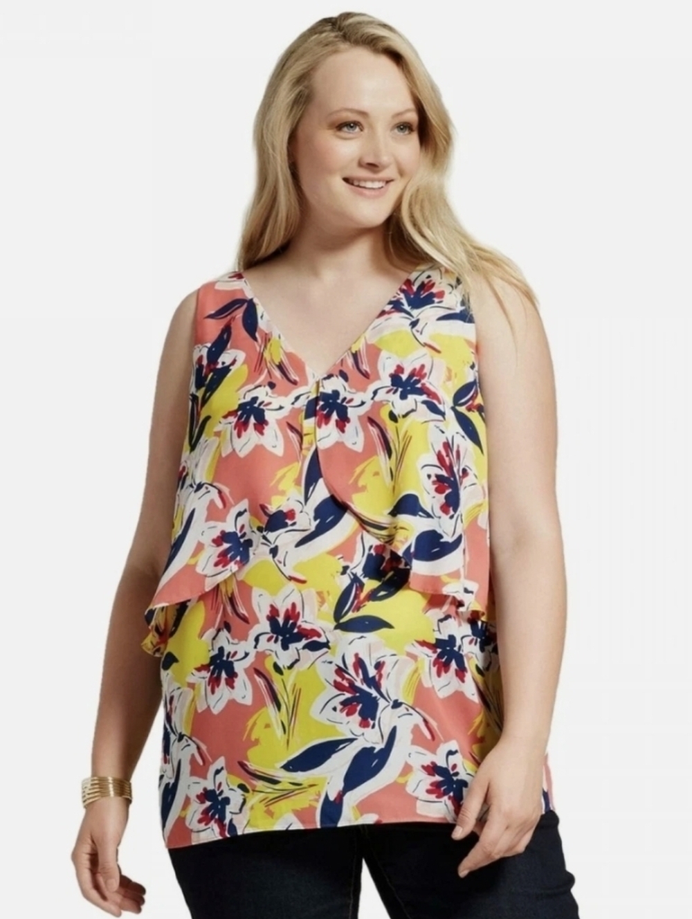 Notations Floral V-Neck Layered Tank Top  Sz 3x7